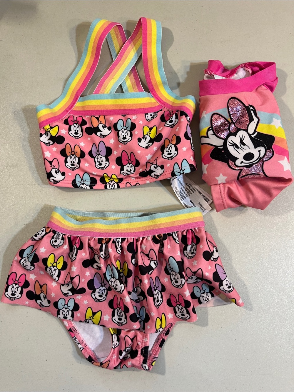 Disney Pink Minnie Mouse Girls 3-Piece Swim Set with Rainbow Straps